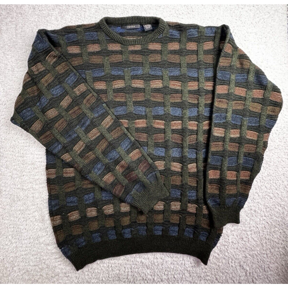 FENZIA Mens Sweater Crew Neck Pullover Sz Large Acrylic Basket Weave VTG 90s EUC